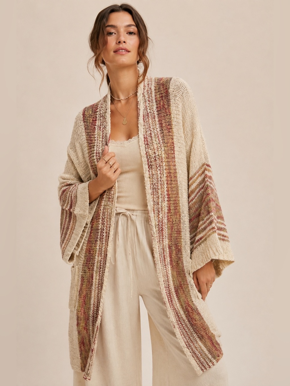 Easel Boho Oversized Longline Open Knit Wide Sleeve Cardigan